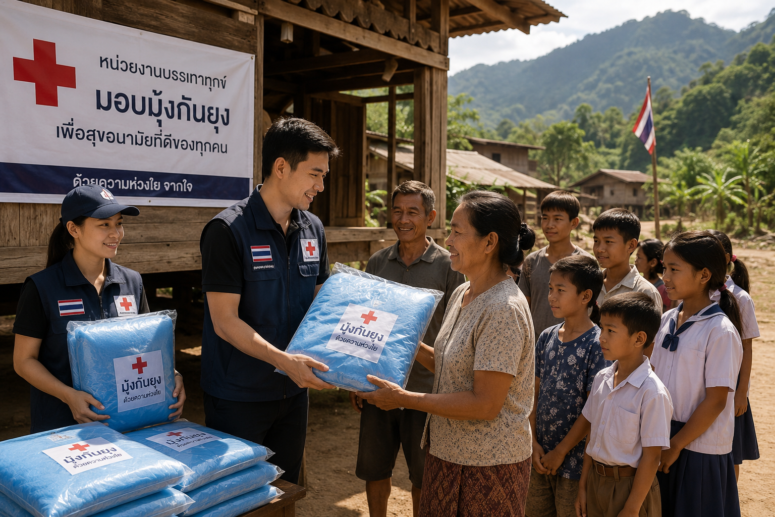 หน่วยงานบรรเทาทุกข์มอบมุ้งกันยุงให้ชุมชนในพื้นที่ห่างไกล